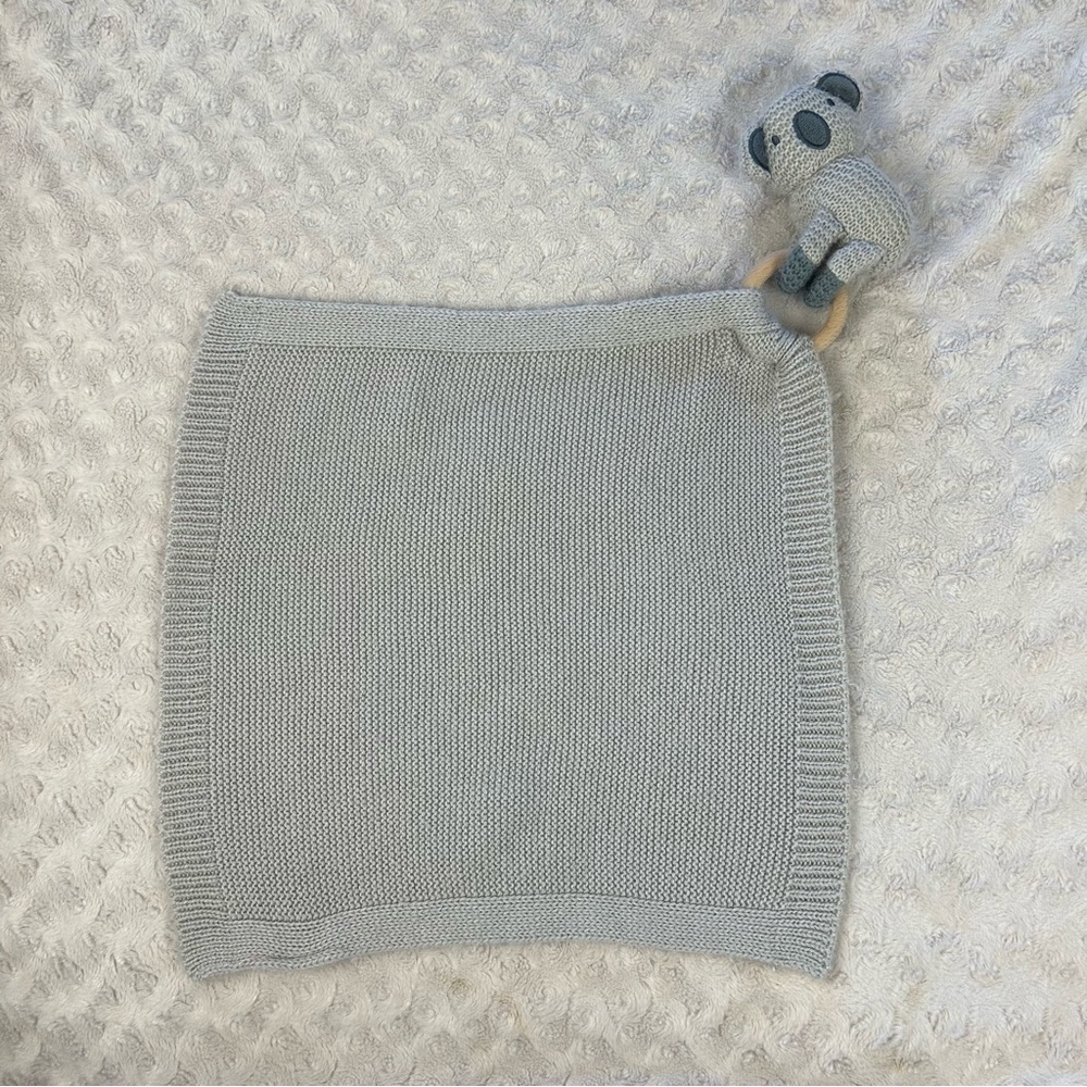 Modern Baby Koala Bear Lovey Security Blanket Tan Gray Sweater Knit Wooden Ring